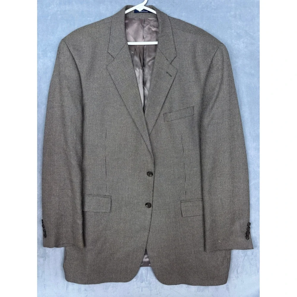 Chaps Ralph Lauren Mens 46L Silk Wool Blazer Houndstooth Sport Coat Brown Tan